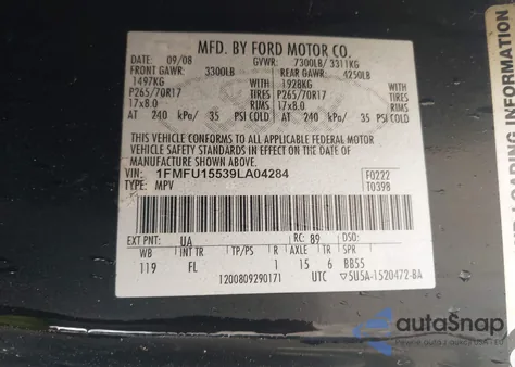 2009 Ford Expedition Xlt из США, поврежденный, VIN 1FMFU15539LA04284